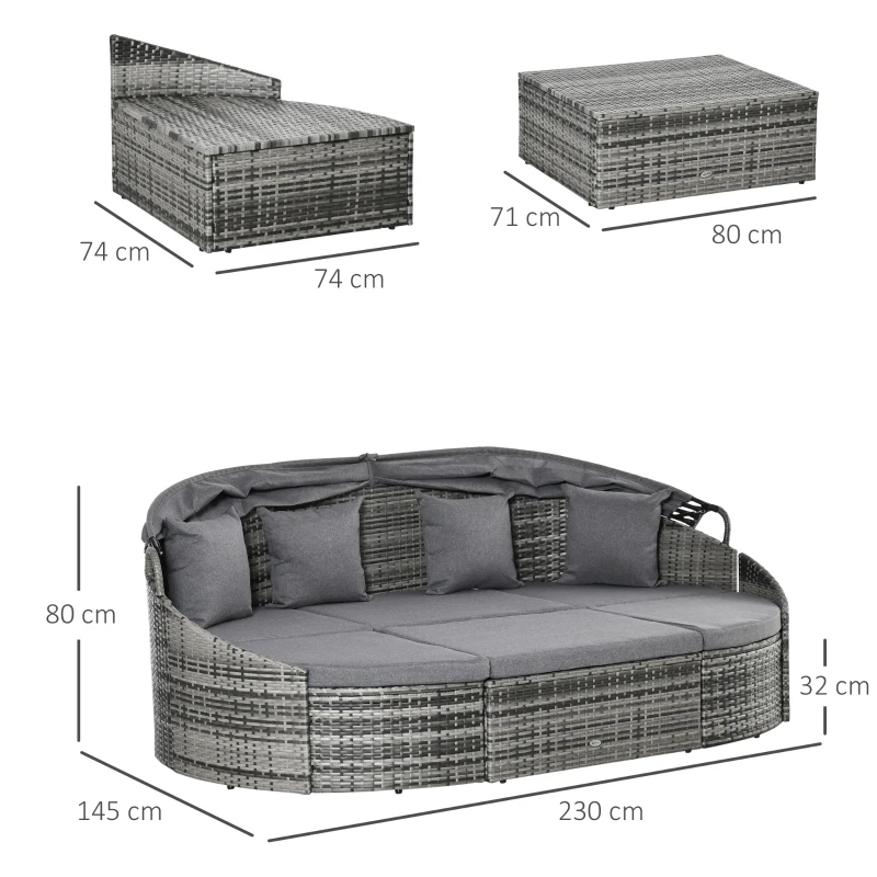 Outsunny Isola relax in rattan 4 pezzi con tendalino e cuscini, 230x145x80 cm, Grigio
