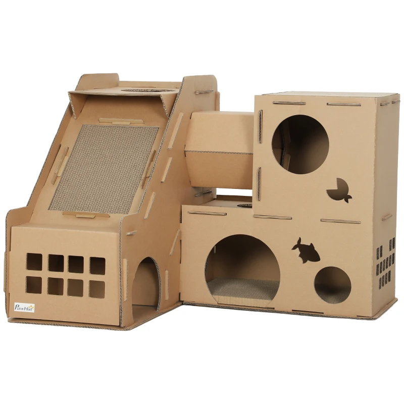 PawHut Maison pour Chats en Carton Forme Château 2 Niveaux avec 3 Zones de Grattage Tunnel Rampe Inclut Herbe à Chat Marron