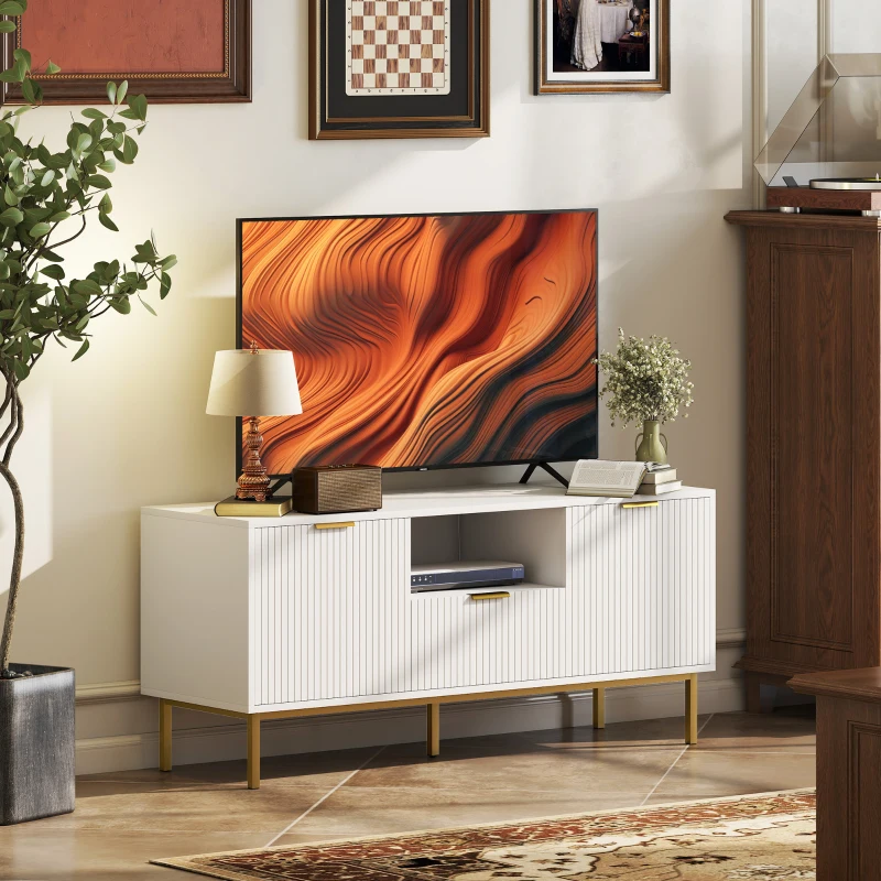 HOMCOM Comodă TV, mobilier TV pentru 127 cm cu 2 uși cu închidere silențioasă, sertar și compartiment deschis, 120x39x54cm, alb