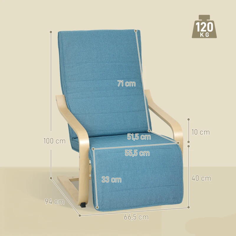 HOMCOM Wohnzimmersessel mit verstellbarer Fußstütze Polstersessel mit Kunstleinenbezug für Büro Schlafzimmer 66,5x94x100 cm Blau