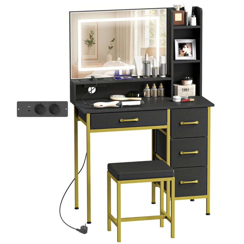HOMCOM Schminktisch mit Spiegel LED-Licht Ladestation Hocker Ladestation 4 Schubladen Schwarz