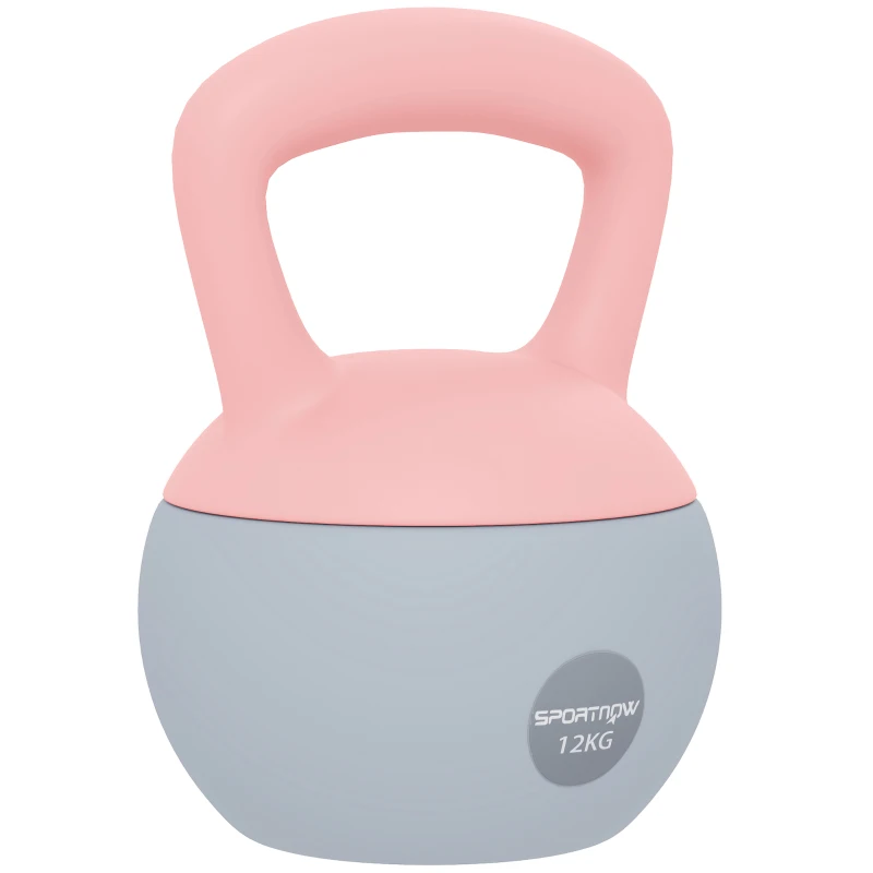 SPORTNOW Kettlebell 12 kg rempli de sable métallique Poignée antidérapante pour entraînement à domicile 21x21x30 cm Rose et Gris
