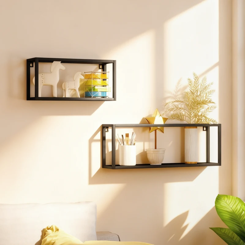 HOMCOM Lot de 2 étagères murales, capacité 15 kg, pour montage mural, acier, noir