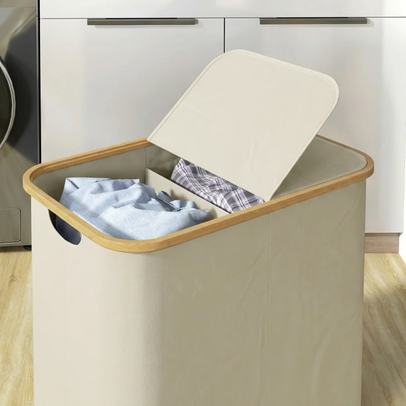 HOMCOM Doppelt faltbarer Wäschekorb 80 l, Wäschetonne mit Deckel, gerillte Griffe, beige