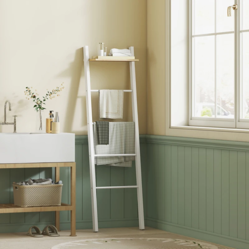 HOMCOM Porte-serviettes échelle avec étagère supérieure et 4 barres Porte-serviettes de salle de bain à appuyer contre le mur 43x20x151 cm Blanc et chêne