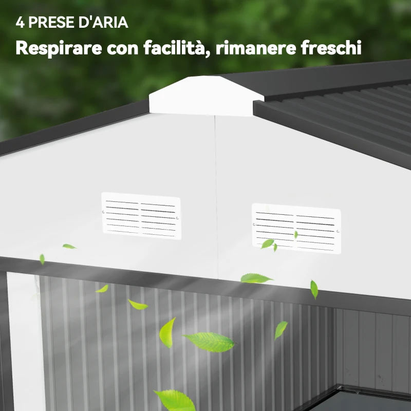 Outsunny Gartenhaus 3,4 x 3,8 x 2 m aus Stahl mit doppelter Schiebetür und geneigtem Dach, Silber