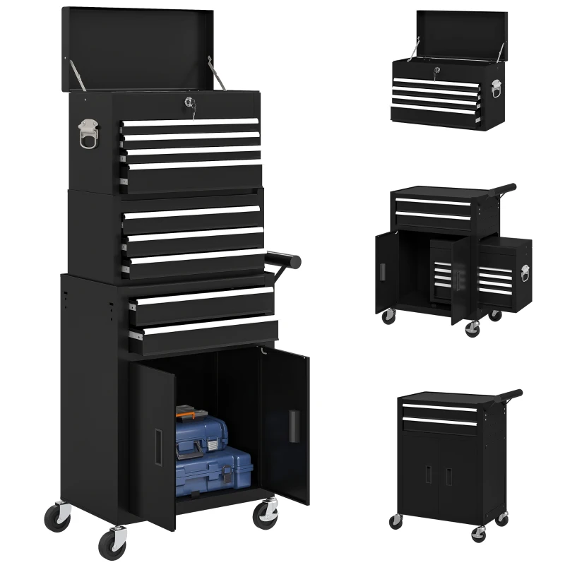 HOMCOM Coffre à outils 3-in-1, armoire à outils sur 4 roues, coffre verrouillable avec 9 tiroirs, acier, Noir