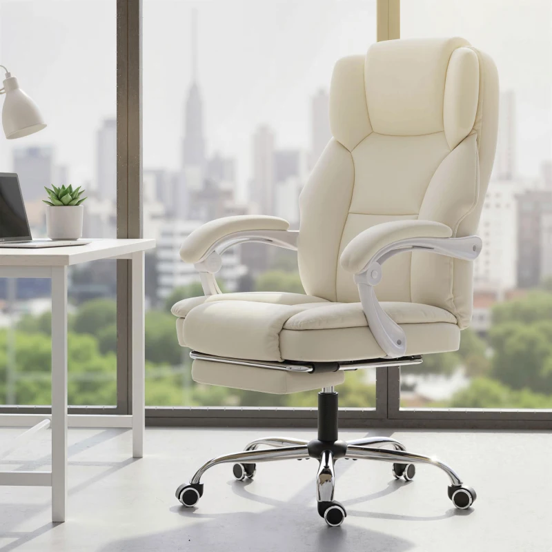HOMCOM Scaun de birou ergonomic, fotoliu de birou cu spătar înclinat, înălțime reglabilă, 64x73x112-120cm, bej