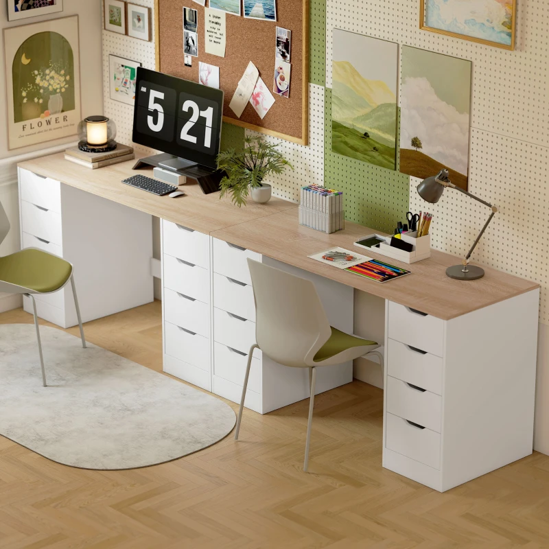 HOMCOM Bureau 140 cm, 8 tiroirs, bureau pour home office, chambre, acier, bois, blanc