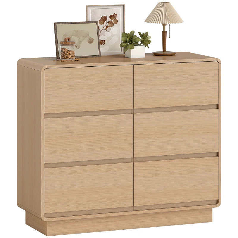 HOMCOM Buffet 100 cm, meuble buffet à 6 tiroirs, commode pour cuisine, salon, salle à manger, bois naturel