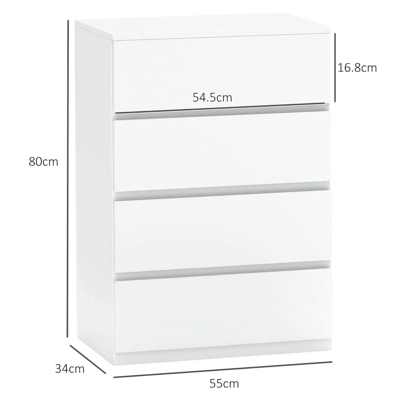 HOMCOM Cassettiera con 4 Cassetti e Cinture Anti-Ribaltamento, in Legno, 55x33x80 cm, Bianco