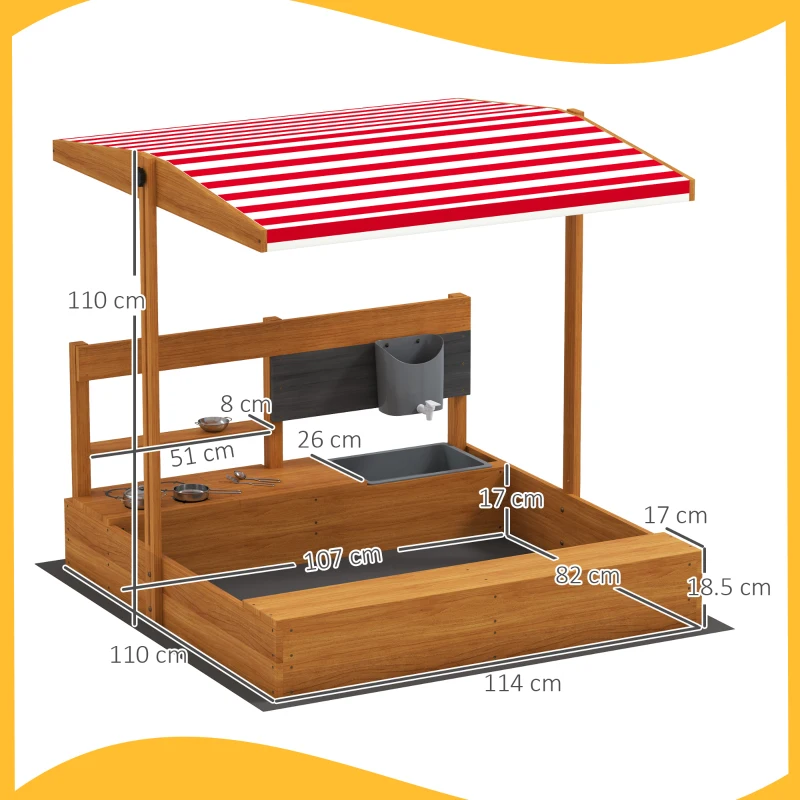 Outsunny Nisipar din lemn pentru copii cu copertină reglabilă și jucării de bucătărie Juego para Niños 3-7 Años 114x110x110 cm Maro