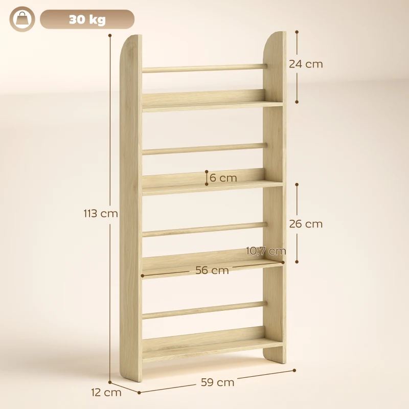 HOMCOM Wand-Bücherregal mit 4 Ablagen Kinderregal für Zuhause Büro Tragkraft 30 kg 59x12x113 cm Natur
