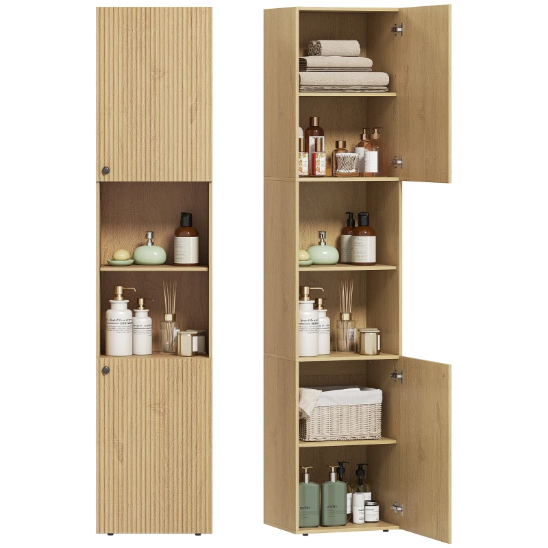 HOMCOM Armoire haute de salle de bain, 6 niveaux, 2 placards, 2 étagères ouvertes, compartiments ouverts, bois, couleur chêne