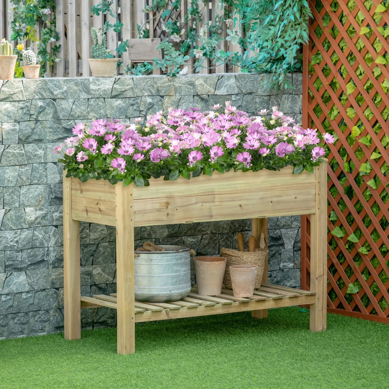 Outsunny Ghiveci înălțat cu etajeră de depozitare din lemn, pătrat de grădină pe picioare ridicat, 113 x 56 x 84 cm, verde