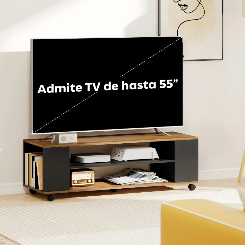HOMCOM Wandhängendes oder stehendes TV-Möbel mit Rollen 4 Regalböden für Fernseher bis 139,7 cm 120x40x38,5 cm Nussbaum und Matt-Schwarz