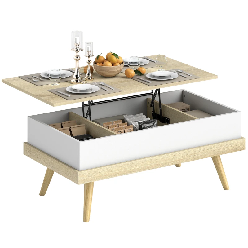 HOMCOM Höhenverstellbarer Couchtisch mit 3 Versteckten Aufbewahrungsfächern und Holzbeinen 100x79x54 cm Natural y Blanco