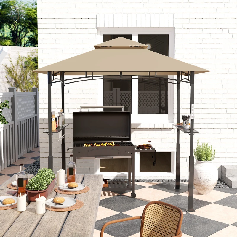 Outsunny Grillpavillon mit Doppelverdeck, Gartenüberdachung mit LED-Licht, 240 x 150 x 250 cm, Kaki