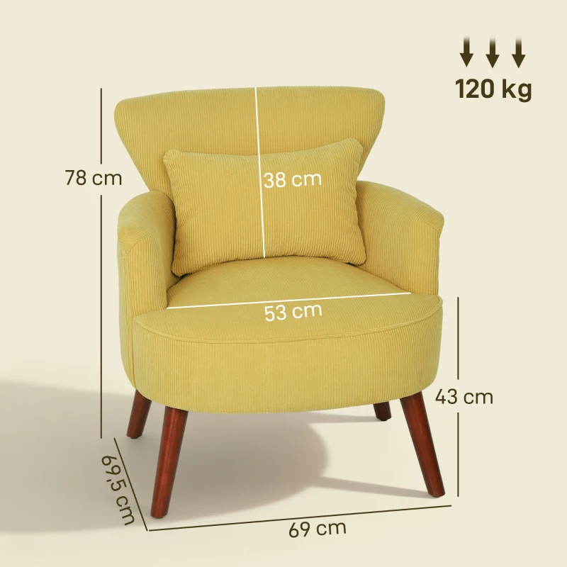 HOMCOM Fauteuil moderne à accoudoirs, fauteuil d'appoint rembourré avec coussin lombaire, pieds en bois d'hévéa, jaune