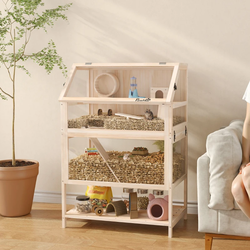 PawHut Cușcă pentru hamster din lemn 3 etaje Cușcă pentru rozătoare cu podea detașabilă Raft Roată Balansoar Rampă Căsuță 80x53x117cm Lemn natural