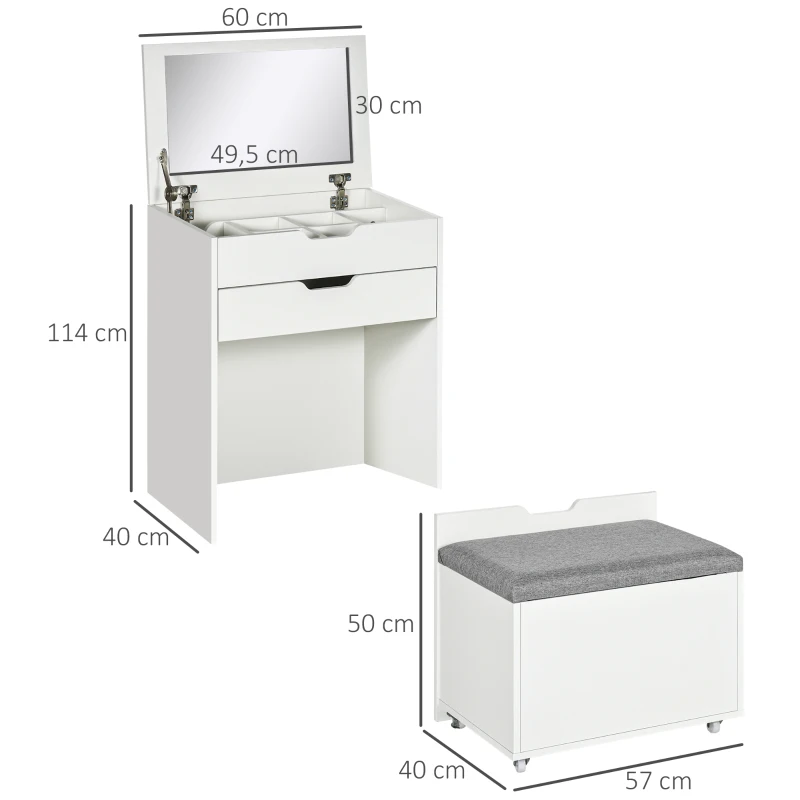 HOMCOM Coiffeuse de maquillage avec tabouret caché, miroir abattant, tiroir et 7 compartiments, tabouret avec rangement, blanc