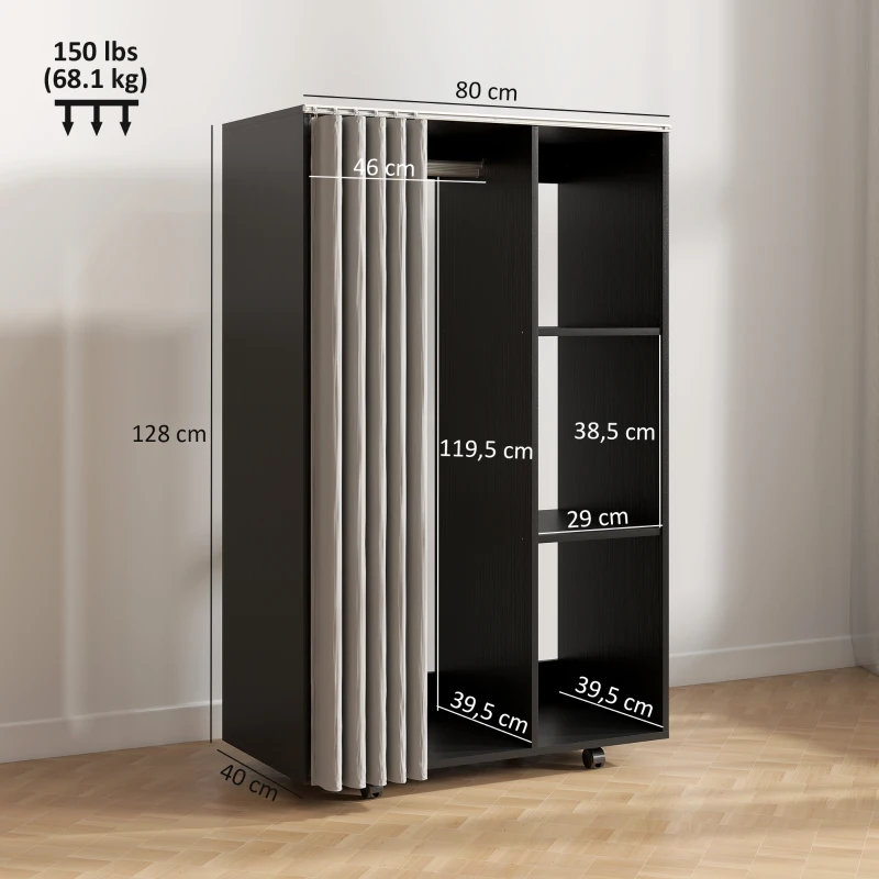 HOMCOM Mobiler Kleiderschrank mit 4 Rollen, Kleiderstange und offenen Regalen, 80 x 40 x 128 cm, schwarz