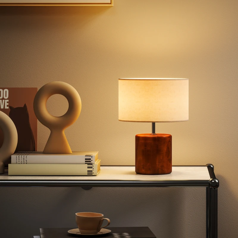 HOMCOM Lampe de Table Rustique Lampe de Chevet avec Base en Bois Abat-jour en Lin Interrupteur à Bascule Marron