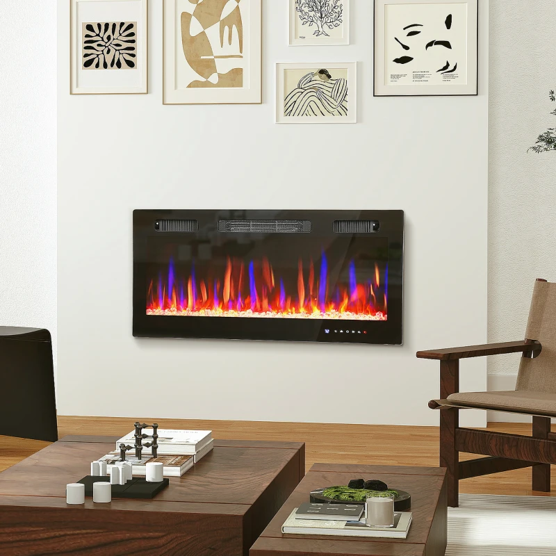 HOMCOM Einbau- oder Wand-Elektrokamin mit einstellbarer Temperatur, aus Stahl und Glas, 91.4x9.4x47 cm, Schwarz