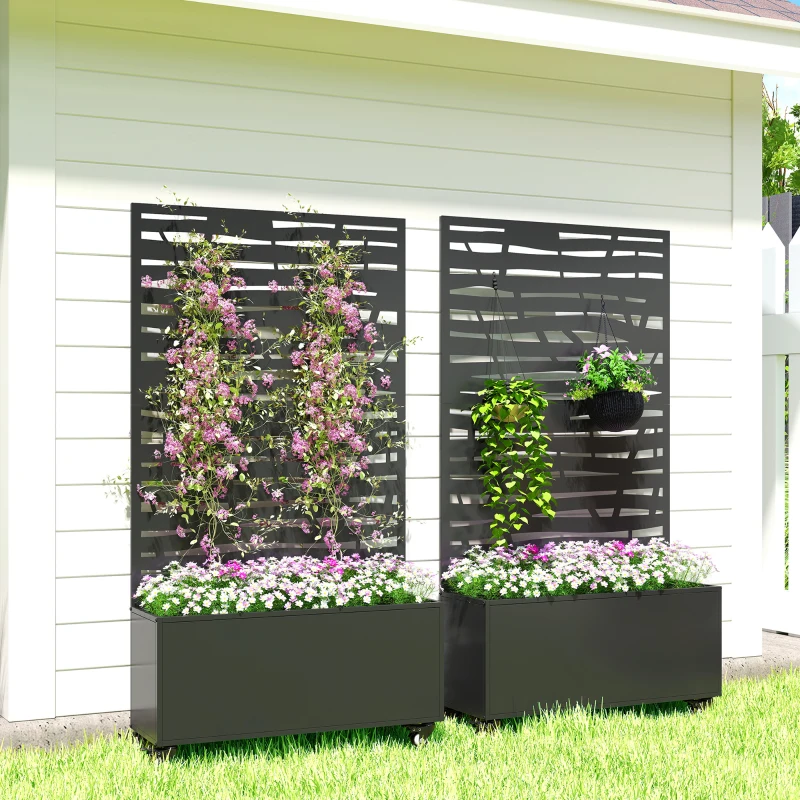 Outsunny Jardinieră cu spalier, cuvă din metal pentru flori cu panou pentru intimitate și roți, spalier decupat în lamele, 90x30x160cm, negru