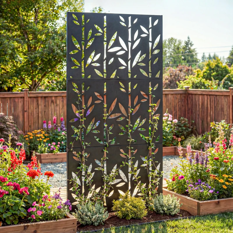 Outsunny Dekorativer Sichtschutz für Außen, Garten-Claustra 3 Paneele mit Bambusmuster Metall 92x40x192cm Schwarz
