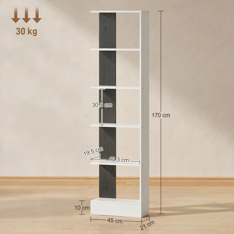 HOMCOM modernes platzsparendes Bücherregal mit 5 Ablagen aus Holz 45x21x170 cm, Weiß und Schwarz