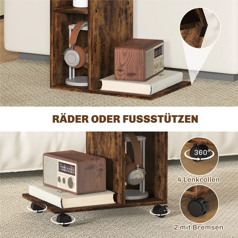 HOMCOM Table d'appoint, chariot en C, 4 roulettes, 3 compartiments, 40 x 30 x 69 cm, Brun rustique