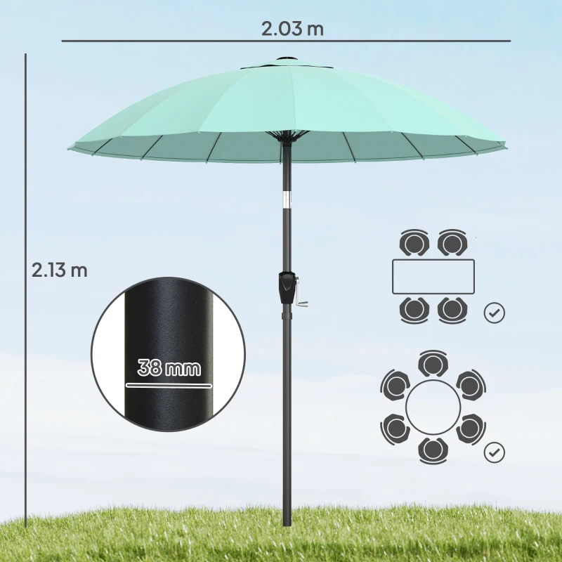 Outsunny Umbrelă de grădină rotundă 2 m, înclinabilă, deschidere/închidere cu manivelă, 16 spițe, turcoaz