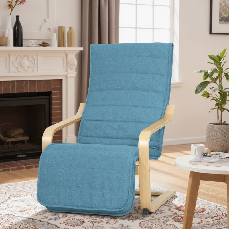HOMCOM Fauteuil de Salon avec Repose-pieds Réglable Fauteuil Tapissé en Lin Synthétique pour Bureau Chambre 66,5x94x100cm Bleu