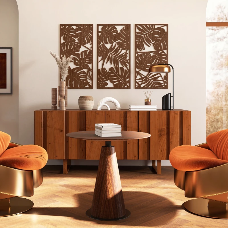 HOMCOM 3D Holz-Wanddekoration 3-teilig 40x80 cm Wandornamente mit Muster tropischer Blätter Nussbaum