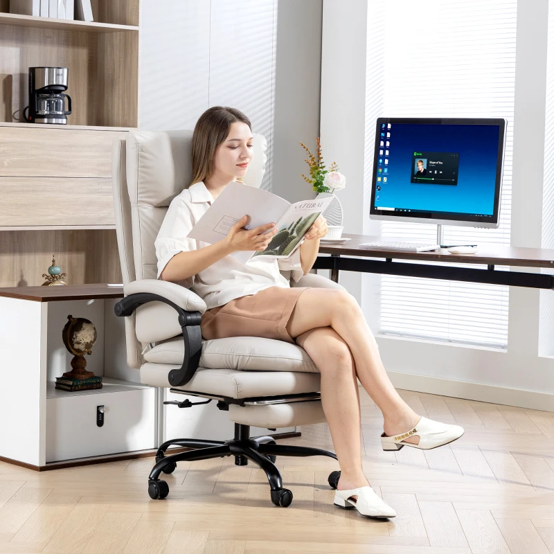 HOMCOM Chaise de bureau Fauteuil de bureau réglable en hauteur avec soutien lombaire, accoudoirs, repose-pieds, en similicuir, Gris clair