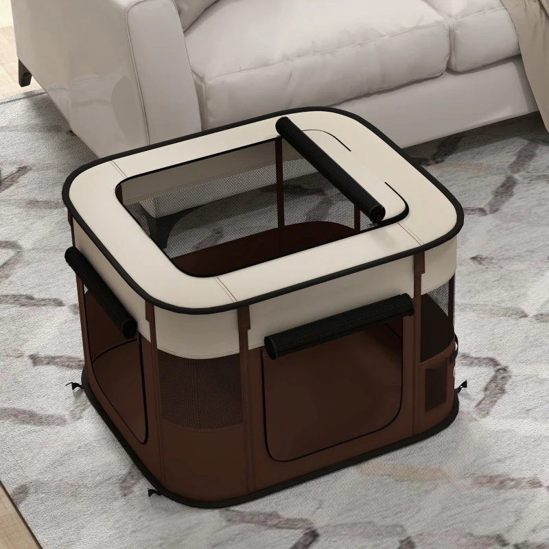 PawHut Haustier-Box mit 6 Fenstern, 3 Türen und 2 Aufbewahrungstaschen, Polyester und Stahl, 74x60x45 cm, Braun