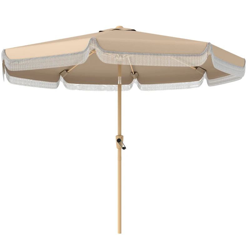 Outsunny Gartenschirm 266 cm, neigbar, mit Fransen, Kurbel, 8 Streben, Polyester 180 g/m², Khaki