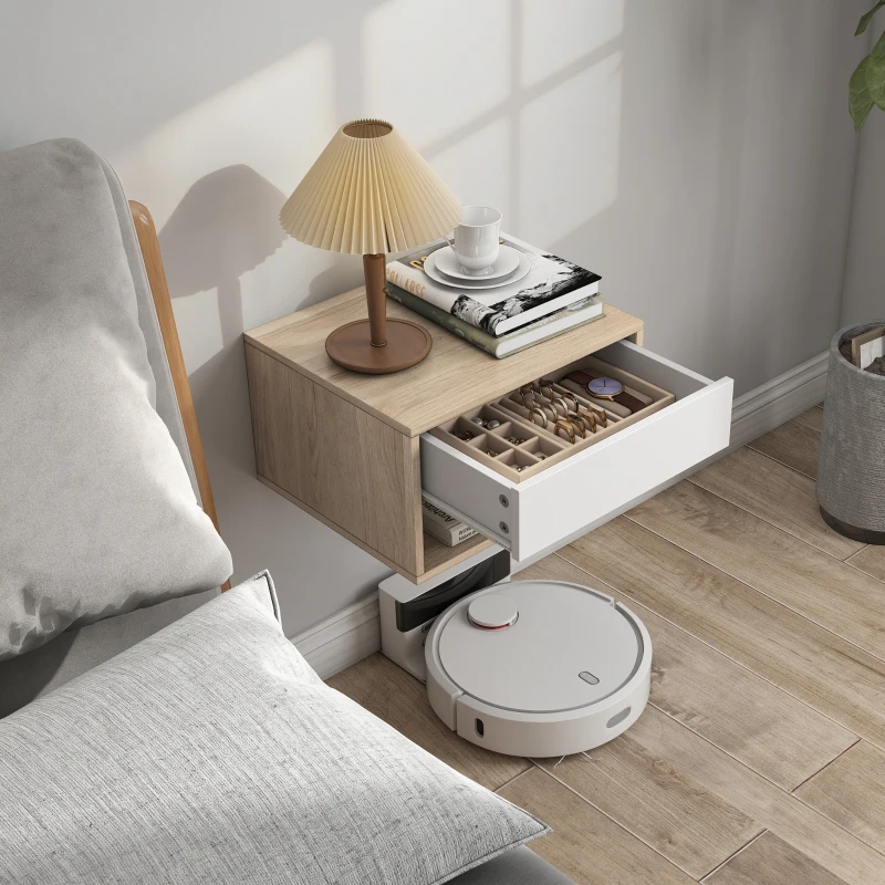 HOMCOM Set mit 2 wandmontierten Nachttischen, Schublade, offenes Fach, Ablage, 37 x 32 x 21 cm, Naturholz