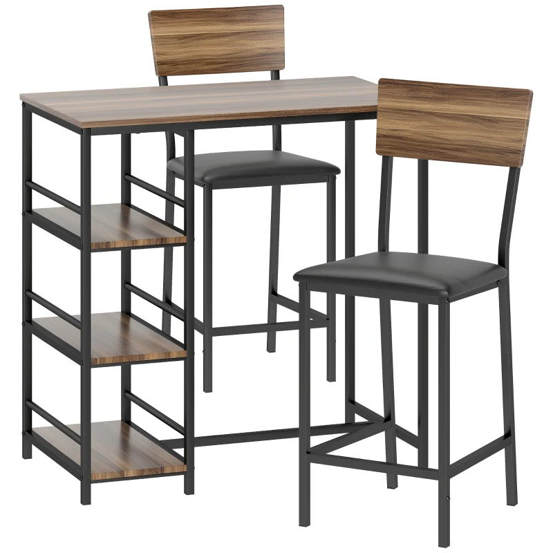 HOMCOM Table de Bar à 3 Étagères et 2 Tabourets avec Repose-pieds et Dossier, en Bois et Acier, Noir et couleur Noyer
