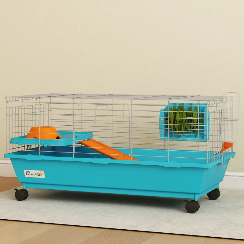 PawHut Cușcă pentru Animale Mici cu Roți Sticlă Bol Distribuitor de Fân pentru Iepuri și Porcușori de Guineea 89x44x43 cm Albastru