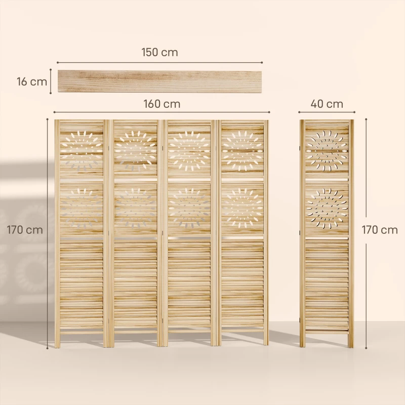 HOMCOM Paravan interior 4 panouri și 3 rafturi, 160 x 170 cm, separator de cameră pliabil, lemn de paulownia, lemn natural