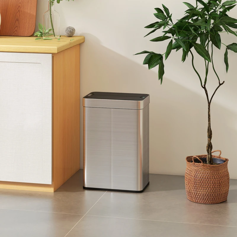 HOMCOM Poubelle à capteur, capacité 55 L, couvercle papillon, s'ouvre automatiquement, acier inoxydable, couleur argentée