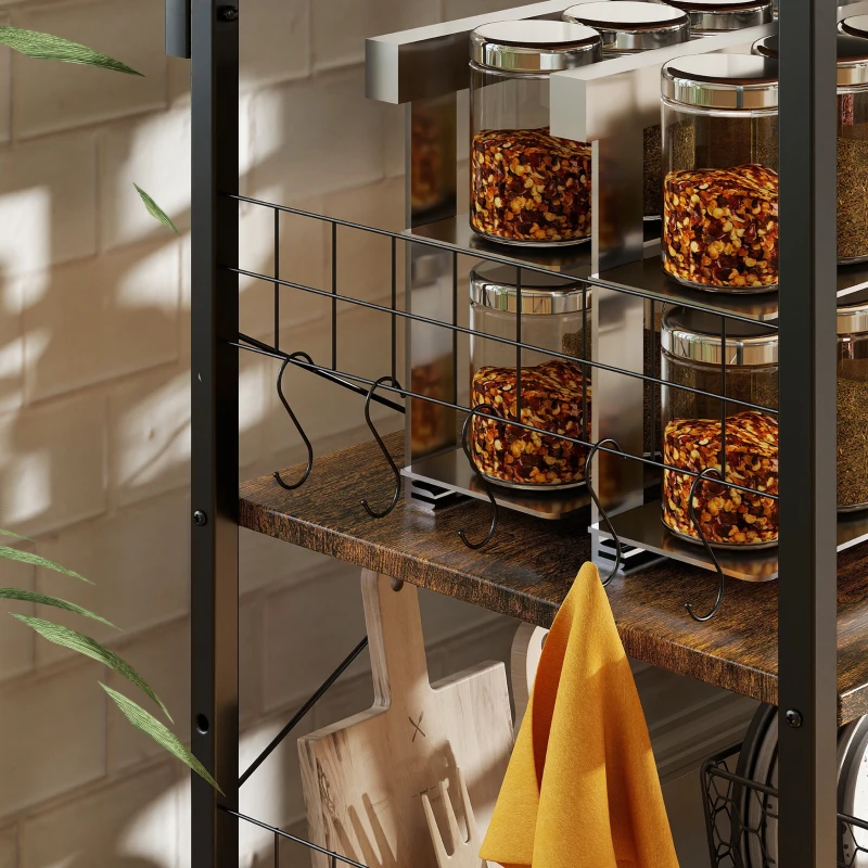 HOMCOM Étagère de cuisine, étagère sur pied avec 2 prises, 5 crochets en S, 5 étagères, panier, entretoises en X acier 90 x 42 x 130 cm