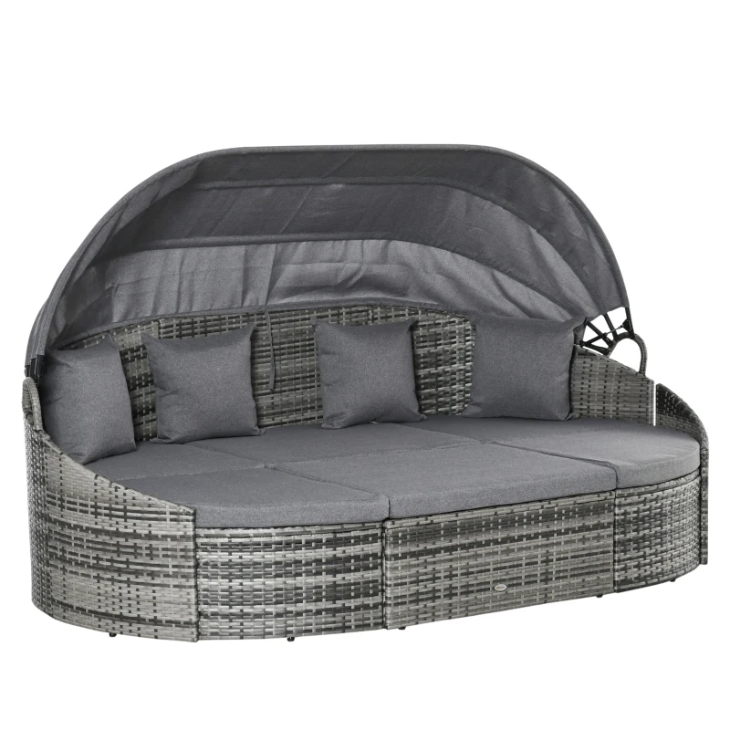 Outsunny Isola relax in rattan 4 pezzi con tendalino e cuscini, 230x145x80 cm, Grigio