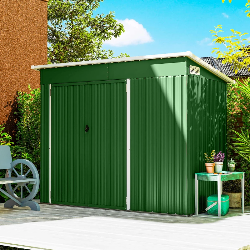 Outsunny Șopron de grădină exterior 2,7 m² 234x132x185 cm cu trei uși, încuietoare și fante de ventilație, verde