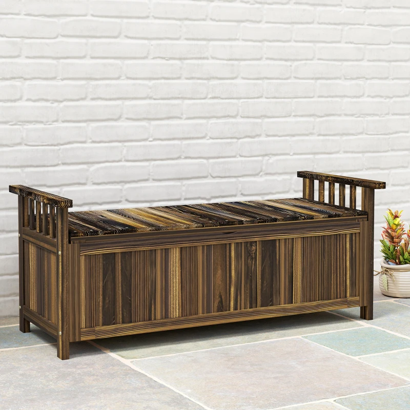 Outsunny Panca da giardino 2 posti con contenitore e braccioli, 128.5x52x53.5 cm, carbonizzato