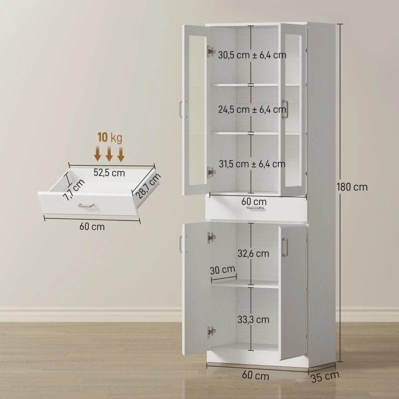 HOMCOM Hohes Küchenbuffet, Küchenschrank, 4 Türen davon 2 aus Glas, Schubladen, verstellbare Regale, 60x35x180cm, weiß