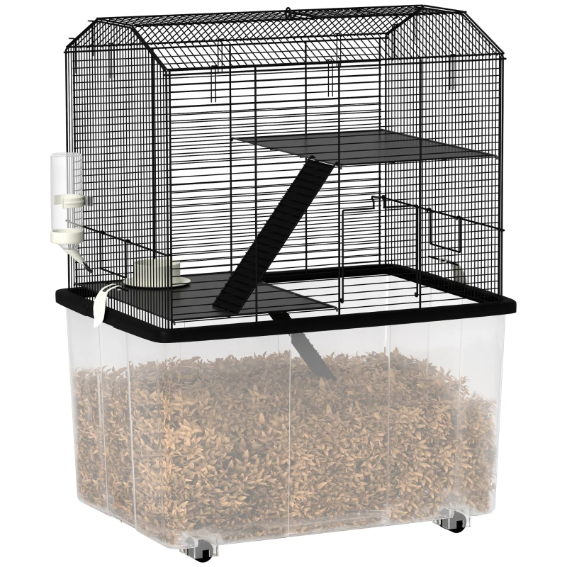 PawHut Cușcă pentru hamster cușcă rozătoare 3 etaje cu roți platformă și scară din sârmă de oțel 57 x 43 x 74 cm negru