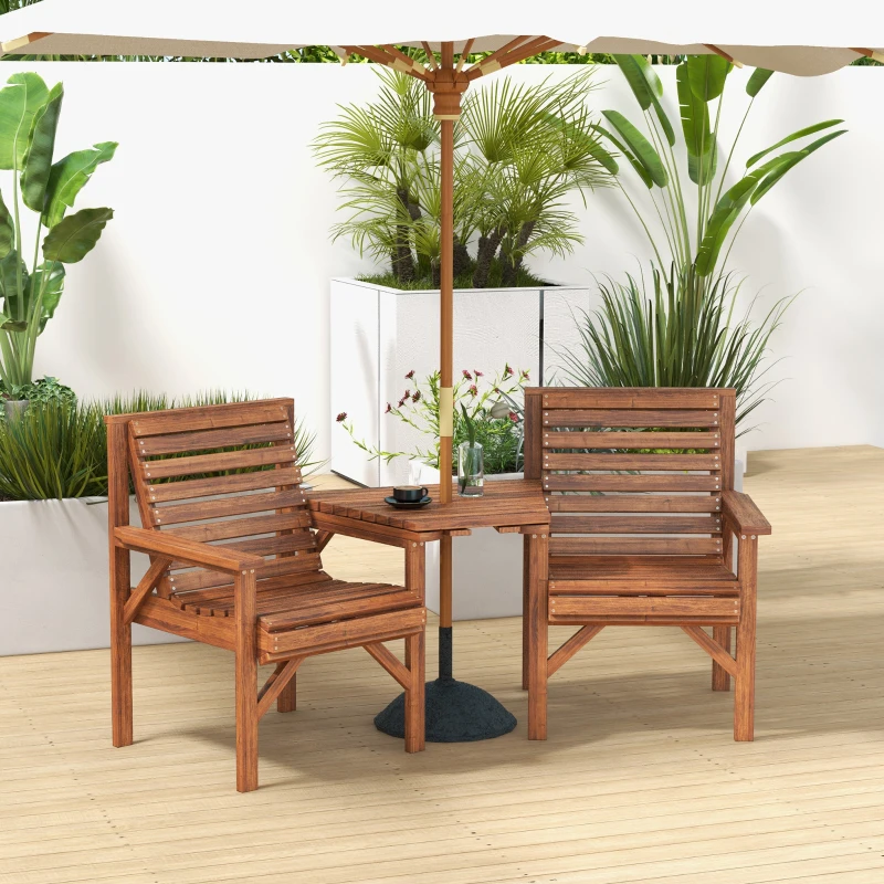 Outsunny Set bistro 3 piese din lemn rezistent la intemperii, set mobilier grădină cu design lamelar și orificiu pentru umbrelă, Carbonizat